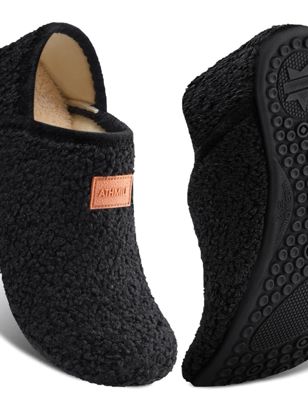 ATHMILL Black Sherpa Slip-On House Slippers